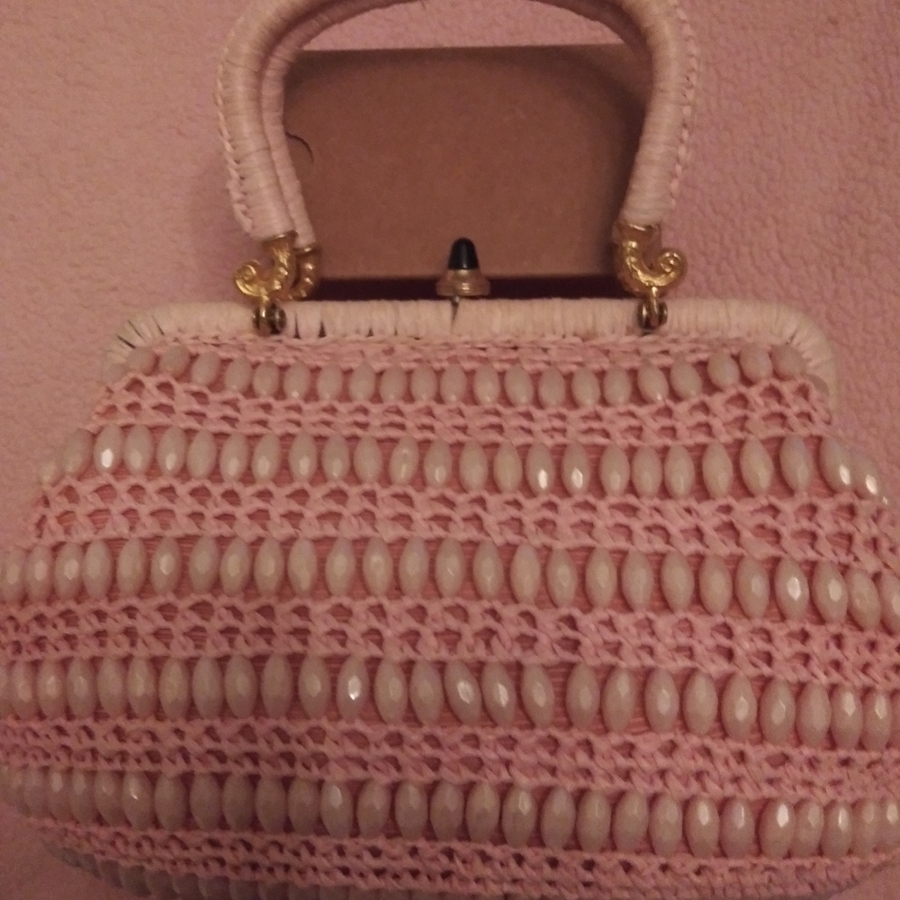 Vintage Pink Straw & Beads Purse